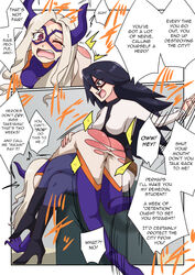 2girls angry black_hair blonde_hair blush bodysuit crying dialogue domination domino_mask embarrassed femdom femsub heels horns humiliation kicking long_hair lying_on_lap mask midnight_(my_hero_academia) mount_lady multiple_girls my_hero_academia nemuri_kayama open_mouth over_the_knee over_the_knee_spanking pinkiri pinkiri_(jawking) punishment red_ass spank_marks spanking tears torn_bodysuit torn_clothes torn_clothing translated yuri yuu_takeyama