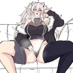 1girls animal_ear_fluff bedroom_eyes big_breasts fangs female female_only grey_eyes grey_hair hololive hololive_gen_5 hololive_japan huge_breasts kemonomimi lion_ears lion_girl looking_at_viewer nanoder navel open_mouth shishiro_botan silver_eyes sitting skirt_around_one_leg solo solo_female spread_legs steam steamy_breath thong_panties undressing virtual_youtuber white_hair