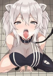 animal_ear_fluff animal_ears begging begging_pose big_breasts grey_eyes grey_hair hololive hololive_gen_5 hololive_japan kemonomimi leash lion_ears lion_girl looking_up open_mouth petplay shishiro_botan steam steamy_breath tamaki_(tamakikan) tamakikan tongue tongue_out virtual_youtuber