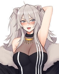 animal_ear_fluff armpits bngl0121 female grey_eyes grey_hair hololive hololive_gen_5 hololive_japan kemonomimi lion_ears lion_girl shishiro_botan sweat sweatdrop virtual_youtuber