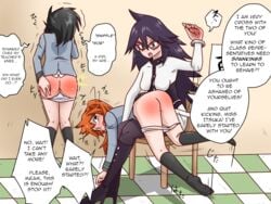 3girls begging black_socks blush bodysuit bottomless chair crying dialogue domination dominatrix domino_mask embarrassed english_text facing_away female female_only femdom femsub hand_on_ass heels hero_outfit_(mha) heroine humiliation itsuka_kendou kayama_nemuri kendou_itsuka kicking knee_socks kneehighs kneesocks lying_on_lap mask midnight_(my_hero_academia) momo_yaoyorozu multiple_girls my_hero_academia nemuri_kayama over_the_knee over_the_knee_spanking panties panties_down pinkiri pinkiri_(jawking) punishment red_ass school_uniform shaking_head socks spank_marks spanked spanking speech_bubble teacher_and_student tears text trembling uniform yaoyorozu_momo