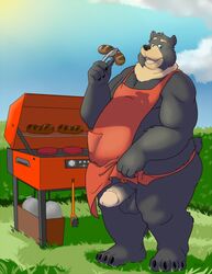 2018 anthro apron balls black_body black_fur black_nose bravo clothing cooking food fur genitals hi_res humanoid_genitalia humanoid_hands humanoid_penis male mammal outside overweight overweight_male penis solo ursid