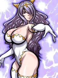 >:) 1girls alternate_color alternate_costume bare_thighs camilla_(adrift)_(fire_emblem) camilla_(fire_emblem) cleavage confident elbow_gloves fire_emblem fire_emblem_fates gloves hair_over_one_eye horns inabakun00 large_breasts leotard nintendo purple_hair reaching_out shiny_skin smile solo thick_thighs thighhighs very_long_hair violet_eyes wavy_hair