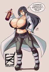 areola_slip big_breasts black_hair breast_expansion breasts bursting_breasts cleavage dkdevil huge_breasts labcoat lessien_(jtd) long_hair no_bra scientist talking_to_viewer