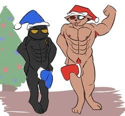 2020 3_toes abs armpit_hair barely_visible_balls barely_visible_genitalia biceps big_abs big_ears big_pecs black_ears black_fur black_nipples blue_clothing blue_eyes blue_hat brown_fur brown_markings cheek_tuft christmas christmas_ornaments christmas_stocking christmas_tree convenient_censoring convenient_censorship deltoids digitigrade doodle duo earrings ears_down erection erection_under_clothes fanart flat_colors flex flexing flexing_bicep front_view gay gold_(metal) gold_jewelry gold_ring hands_on_hips height_difference league_of_legends looking_at_another looking_to_the_side male male_only mostly_nude multicolored_fur muscles muscular muscular_anthro muscular_male obliques pecs pink_nipples pink_tongue pubes pupilless_eyes red_clothing red_fur red_hat red_nose red_pubes riot_games serratus serratus_anterior simple_background sketch snowdown standing stocking tan_balls tan_fur teemo thebigblackcod tongue_out toony tree two_tone_clothing veigar video_games white_background white_clothing wink yellow_eyes yordle