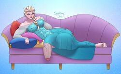 1futa abs balls barefoot big_breasts couch disney elsa_(frozen) feet frozen_(film) futa_only futanari huge_balls huge_testicles hyper_penis large_breasts muscles muscular muscular_female muscular_futanari on_side penis solo sparklinglava testicles toes