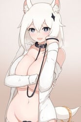 1girls aged_up alternate_breast_size animal_ears breasts collar eye_contact female genshin_impact grey_eyes large_breasts leash looking_at_viewer medium_hair paimon_(genshin_impact) partially_clothed plain_background skyhood solo standing tail topless upper_body white_hair