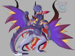 abygale_(buddyfight) anthro anus ass backsack balls claws daikuhiroshiama dragon feet future_card_buddyfight genitals horn looking_back male markings penis portal purple_body purple_wings red_eyes scalie simple_background solo solo_male spiked_tail spikes spikes_(anatomy) wings