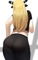 1girls 2021 artist_signature ass ass_focus ass_shot back back_view black_topwear black_yoga_pants blonde_hair bubble_butt clothed clothed_female clothing cynthia_(pokemon) facing_forward female female_focus female_only hi_res hips huge_ass human long_hair midriff nintendo pale_skin pokemon pokemon_dppt sana!rpg short_sleeves simple_background slim_waist thick_thighs thighs tight_clothing white_background wide_hips yoga_pants