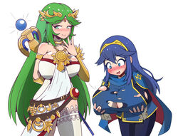 2girls blue_eyes blue_hair blush breast_expansion breasts cleavage colored colored_edit colorized crossover embarrassed female female_only fire_emblem fire_emblem_awakening green_eyes green_hair huge_breasts inksgirls ivelacia kid_icarus lucina_(fire_emblem) mischievous mischievous_smile nintendo palutena skindentation super_smash_bros. sweat torn_clothing wardrobe_malfunction