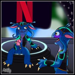 1:1 alien anthro balls black_border blue_body border clothed clothing digital_media_(artwork) duo genitals hi_res humanoid male male/male marothedarkrabbit_(artist) netflix not_furry open_mouth penis smile space yellow_eyes