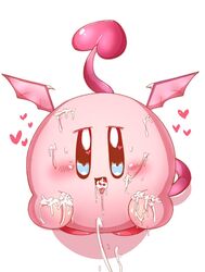 adorable blush cum cum_in_mouth cum_on_body cum_on_hand cum_on_hands cumshot cute cute_face female heart heart-shaped_tail kirby kirby_(series) looking_at_viewer looking_up love nintendo open_mouth pink_body pink_skin red_feet rule_63 smile smiling succubus tail waioi wings