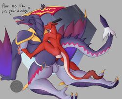 abygale_(buddyfight) anal anal_sex anthro ass backsack balls biceps claws daikuhiroshiama dragon duo feet future_card_buddyfight genitals horn kneeling looking_pleasured male male/male markings penetration penis purple_body red_eyes reptile scalie sex size_difference small_dom_big_sub spikes teeth tongue tongue_out wingless_dragon wings