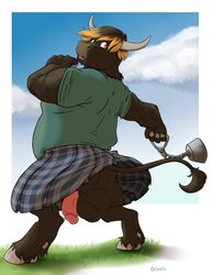 2018 anthro balls bovid bovine bravo cattle clothing genitals hi_res horn humanoid_hands kilt male male_only mammal outside overweight overweight_male penis shirt solo topwear