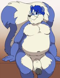 2018 anthro belly blue_body blue_fur blue_hair bravo eyewear fur furry genitals glasses highres humanoid_genitalia humanoid_hands humanoid_penis male mammal mephitid moobs navel overweight overweight_male penis sitting skunk solo testicles white_fur