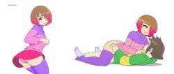 1boy 1girls bete_noire bob_cut butt camila_cuevas chara cowgirl_position glitchtale hair_over_one_eye leggings male/female panties pink_eyes pink_hair pink_panties rawgreen smiling socks undertale undertale_fanfiction upskirt white_background