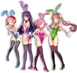 4girls blue_latex bunny_ears bunny_girl bunnysuit doki_doki_literature_club edit female female_only green_latex high_heels latex latex_leotard latex_stockings latex_suit leotard monika_(doki_doki_literature_club) multiple_girls natsuki_(doki_doki_literature_club) pink_latex purple_latex sayori_(doki_doki_literature_club) stockings thighhighs yuri_(doki_doki_literature_club)