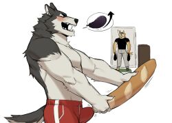 2022 anthro baguette biped black_body black_fur blush bread brown_body brown_fur bulge canid canine canis claws clothing digital_media_(artwork) domestic_dog duo eggplant finger_claws food fruit fur gakujo hi_res husky male mammal multicolored_body multicolored_fur nordic_sled_dog open_mouth open_smile plant simple_background smile spitz tan_body tan_fur tenting two_tone_body two_tone_fur underwear white_background white_body white_fur