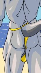 2018 amphibian anthro anthro_only ass back_muscles bara barely_visible_balls beach blue_sky bottomwear clear_sky close-up day detailed_background fan_character fish fizzlesticks grey_balls grey_markings grey_scales grey_tail ineffective_clothing league_of_legends light male male_only manly ocean pinup rear_view sand scalie scalie_only skimpy sky solo solo_male standing swimwear thebigblackcod thong thong_aside topless topless_male video_games wardrobe_malfunction water yellow_bottomwear yellow_swimwear yellow_thong yordle