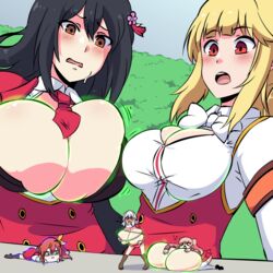 5girls breast_expansion breasts bursting_breasts character_request cleavage female female_only giantess herretik huge_breasts larger_female multiple_girls parallel_paradise shrunk shrunken_woman size_difference