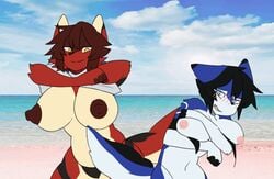 2girls animated beach big_breasts blush boobdrop covering_breasts dark_nipples embarrassed erect_nipples female_only flashing furry huge_nipples mega_milk multiple_girls nipple_size_difference pink_nipples plucking titania_(artist) wardrobe_malfunction