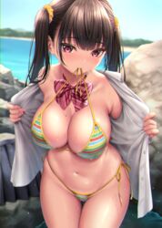 beach big_breasts big_breasts bikini bikini_in_mouth shirt_removed