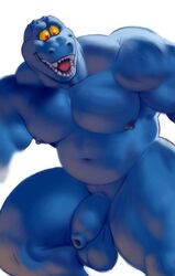 anthro balls belly biceps blue_body dinosaur dirtyyeen flaccid foreskin genitals hi_res humanoid_genitalia humanoid_penis male musclegut muscular muscular_anthro muscular_legs muscular_male muscular_thighs navel nude open_mouth pecs penis red_eyes reptile scalie sharp_teeth shoegaze. snout solo standing teeth thick_thighs tongue uncut yellow_eyes