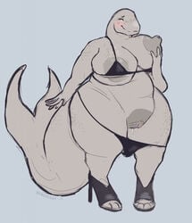 anthro big_breasts bikini bikini_down blush breasts cetacean clothing curvy_figure female fin genitals grey_body hi_res high_heels holding_breast huge_breasts huge_thighs looking_at_viewer mammal marine overweight overweight_anthro overweight_female pubes pussy smile solo standing swimwear tail_fin thick_tail thick_thighs undressing vainovalkea voluptuous wide_hips