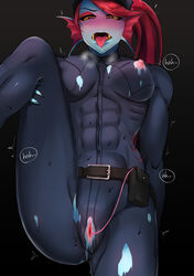 1girls abs animal_humanoid belt blue_body blush bodily_fluids bodypaint breasts breath deltarune female fin fish fish_humanoid genital_fluids genitals hair head_fin hi_res humanoid marine marine_humanoid masturbation muscular muscular_female muscular_humanoid nipples nude painted_clothes panting penetration police police_uniform policewoman ponytail pussy pussy_juice red_hair sex_toy sex_toy_in_pussy sex_toy_insertion solo tongue tongue_out torotale undertale undyne undyne_(deltarune) utility_belt vaginal_masturbation vaginal_penetration vibrator vibrator_in_pussy video_games