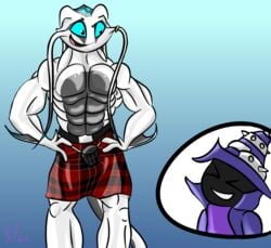 2018 abs amphibian anthro anthro_only arm_fins belt biceps big_abs big_biceps big_muscles big_pecs black_bottomwear black_clothing black_fur black_kilt blue_background blue_eyes blue_markings blue_scales closed_eyes colored deltoids digital_drawing_(artwork) digital_media_(artwork) duo fin fish fizzlesticks flesh_whiskers front_view furry gold_(metal) gold_jewelry gold_ring gradient_background grey_markings grey_scales grey_tail hand_on_hip hands_on_hips hat head_tentacles jewelry kilt laughing league_of_legends logo mage magic_user male/male male_only muscles muscular muscular_anthro muscular_male open_smile pink_tongue red_bottomwear red_clothing red_kilt ring riot_games robe scalie serratus serratus_anterior shaded signature simple_background spiked_hat standing tentacle thebigblackcod three-quarter_portrait tongue toony topless topless_male triceps two_tone_bottomwear two_tone_kilt two_tone_scales veigar video_games whisker_ring wizard_hat yordle