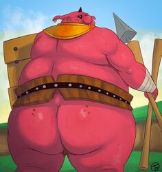 2021 ass belly big_butt biped blin_(tloz) hi_res humanoid_hands male male_only moblin monster nintendo outside overweight overweight_male shield shield_moblin skyward_sword solo superchub the_legend_of_zelda trashtoonz video_games weapon