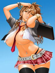 1girls areolae belly_button belt_buckle between_breasts black_choker black_legwear breasts breasts_out brown_eyes brown_hair buckle choker collarbone covered_erect_nipples curvy earrings erect_nipples female half-jacket half_jacket half_shirt highleg highleg_panties highres huge_areolae huge_breasts huge_nipples impossible_clothes jacket jewelry lips lipstick looking_at_viewer makeup matching_hair/eyes microskirt miniskirt mole mole_under_mouth navel navel_piercing necktie necktie_between_breasts nipples no_bra open_clothes original panties parted_lips piercing plaid plaid_skirt red_neckite revealing_clothes school_briefcase school_uniform sexually_suggestive shiny shiny_skin skirt skull_earrings tatsunami_youtoku teeth thong thong_above_skirt thong_straps unbuttoned unbuttoned_shirt underwear