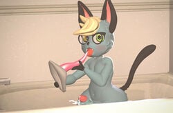 3d absurdres animal_crossing anthro bath bathing bathtub blush bodily_fluids dildo domestic_cat eyewear felid feline felis fur furry furry_only genital_fluids genitals glasses heterochromia highres humanoid_genitalia humanoid_penis invasion_of_privacy male male_only mammal nintendo penis precum prehensile_penis raymond_(animal_crossing) saliva sex_toy sneakyphox solo source_filmmaker tail tongue tongue_out