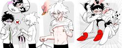 2boys amputee ass bandage bunny_ears bunny_tail bunnysuit carrot clothed clothing danganronpa danganronpa_2:_goodbye_despair femboy fishnets gay green_eyes hanger heels hinata_hajime male male/male male_only nagito_komaeda nipple_pinch nipples pale_skin red_heels shirt_lift shirt_up smallix smooth_skin white_hair yaoi