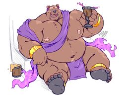 2021 anthro balls belly bottomwear brown_body brown_fur bulge clothing fur genitals hi_res humanoid_hands loincloth male mammal megawaffle_(artist) moobs navel nipples overweight overweight_male sitting solo ursid