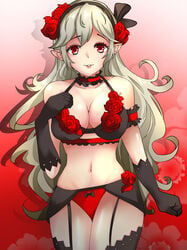 1340smile 1girls alternate_costume bra breasts corrin_(fire_emblem) corrin_(fire_emblem)_(female) elbow_gloves female female_only fire_emblem fire_emblem_fates flower flower_in_hair garter_belt gloves headband inner_thighs light-skinned_female light_skin lingerie lipstick long_hair looking_at_viewer nintendo panties pointy_ears red_eyes red_panties solo solo_female thigh_highs thighhighs white_hair