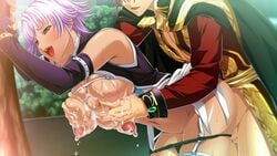 1boy1girl big_breasts blush breast_grab breast_squeeze breasts_out color colored cum_on_breasts dark-skinned_female elbow_gloves from_behind gladys_von_walkenheim kyonyuu_fantasy open_mouth purple_hair red_eyes short_hair uncensored waffle