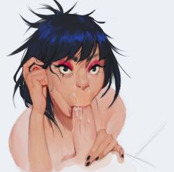 1boy 1girls asian asian_female black_eyes black_hair cum cum_in_mouth fellatio female gorillaz light-skinned_female light-skinned_male light_skin makeup male noodle_(gorillaz) simple_background succububell tomboy white_background