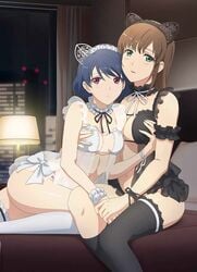 2girls asymmetrical_legwear breasts brown_hair domestic_na_kanojo duo female green_eyes high_resolution holding holding_close holding_object hug knee_high_socks large_breasts lingerie long_hair multiple_girls negligee official_art pantsu short_hair single_knee_high_sock single_thighhigh socks tachibana_hina tachibana_rui tagme thighhighs underwear yuri