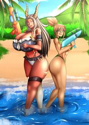 beach bikini body_markings brown_hair dark-skinned_female golden_eyes green_hair horns monster_girl oc palm_tree rika_dimensional_ninja sea water_gun