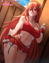 1girls alternate_costume bare_arms bare_legs bare_midriff bare_shoulders bare_thighs bikini bikini_skirt breasts cleavage collarbone cordelia_(fire_emblem) cordelia_(summer)_(fire_emblem) day fingerless_gloves fire_emblem fire_emblem_awakening fire_emblem_heroes gloves grin hair_between_eyes hair_ornament highres hocen indoors large_breasts long_hair looking_at_viewer midriff nintendo official_alternate_costume red_bikini red_eyes red_hair red_swimsuit smile solo swimsuit thighs toned variant_set very_long_hair wing_hair_ornament