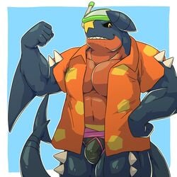 1:1 anthro anthrofied beach_style_garchomp biceps blue_body briefs bulge clothing detailed_bulge fin garchomp genital_outline hi_res humanoid_hands long_tail looking_at_viewer male male_only marine muscular muscular_male nintendo no_pants orange_clothing orange_shirt orange_topwear pecs penis_outline pokémon_(species) pokemon pokemon_(species) pokemon_unite red_body scalie shirt short_sleeves simple_background smile snorkel solo spikes swimming_goggles thick_thighs topwear unagi_bukuro underwear video_games yellow_eyes