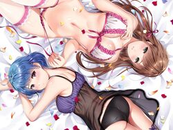 2girls 4:3_aspect_ratio ass bikini blue_hair breasts brown_hair domestic_na_kanojo duo family female green_eyes high_resolution large_breasts lingerie long_hair looking_at_viewer lying midriff multiple_girls negligee official_art pantsu purple_eyes sasuga_kei short_hair siblings sisters sleepwear swimsuit tachibana_hina tachibana_rui tagme thighhighs underwear