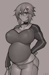 1girls big_breasts blush breasts clothed clothing female female_only fully_clothed hands_on_hips human maya_(roadi3) monochrome pout pregnant roadi3 short_hair solo standing tomboy