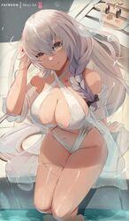 1girls 2021 azur_lane bare_legs belly_button bow bow_in_hair braid braided_hair breasts exposed_shoulders feet_in_water feet_out_of_frame female female_focus female_only hand_in_hair hermione_(azur_lane) hi_res hips huge_breasts long_hair looking_at_viewer miraihikari one-piece_swimsuit pool poolside shiny_skin skindentation smile smiling_at_viewer solo_focus swimsuit thick_thighs thighs wet white_hair wide_hips yellow_eyes