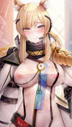 :q absurdres animal_ear_fluff animal_ears arknights armor bangs belt binggong_asylum black_gloves blush breasts bright_pupils brown_eyes cape closed_mouth covered_navel cowboy_shot detached_sleeves eyebrows_visible_through_hair female gloves headset highres horse_ears horse_girl horse_tail impossible_clothes large_breasts long_sleeves looking_at_viewer naughty_face nearl_(arknights) nearl_the_radiant_knight_(arknights) nipples revealing_clothes see-through shoulder_armor single_detached_sleeve single_sleeve smile solo tail tongue tongue_out wet wet_clothes white_cape