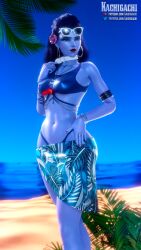 1girls 3d abs alternate_costume amelie_lacroix beach big_ass big_breasts bikini blizzard_entertainment blue_skin breasts cleavage cote_d'azur_widowmaker female female_only fully_clothed kachigachi large_breasts overwatch purple_hair purple_skin skirt solo swimsuit thick_thighs widowmaker