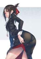 :o ass ass_in_dress bangs black_dress black_hair blush breasts clothing dress female folded_ponytail from_behind hair_ornament hair_ribbon high_resolution hong_(white_spider) kaguya-sama_wa_kokurasetai_~tensai-tachi_no_renai_zunousen~ leaning_forward long_sleeves looking_at_viewer looking_back making-of_available open_mouth pantsu parted_bangs ponytail rain red_eyes red_ribbon ribbon school_uniform see-through shinomiya_kaguya short_hair sidelocks signature skirt_hold small_breasts solo tagme thighs tied_hair two-tone_background underwear uniform very_high_resolution wet wet_clothes wet_dress