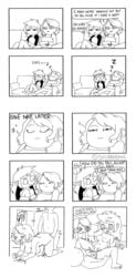 1boy 2girls ass blush caught comic cum_drip cum_in_pussy doggy_style impregnation medium_breasts missionary_position monochrome navel ovum saliva sex shubbabang sleeping sperm_cell third-party_edit vaginal_penetration webcomic