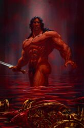 1boy adeptus_astartes bara black_carapace blood blood_angels hairy_chest hairy_legs imperium_of_man large_penis long_hair_male lynxc male_focus male_only male_solo moody muscular muscular_male nipples penis penis_out pubic_hair solo_male space_marine sword warhammer_(franchise) warhammer_40k